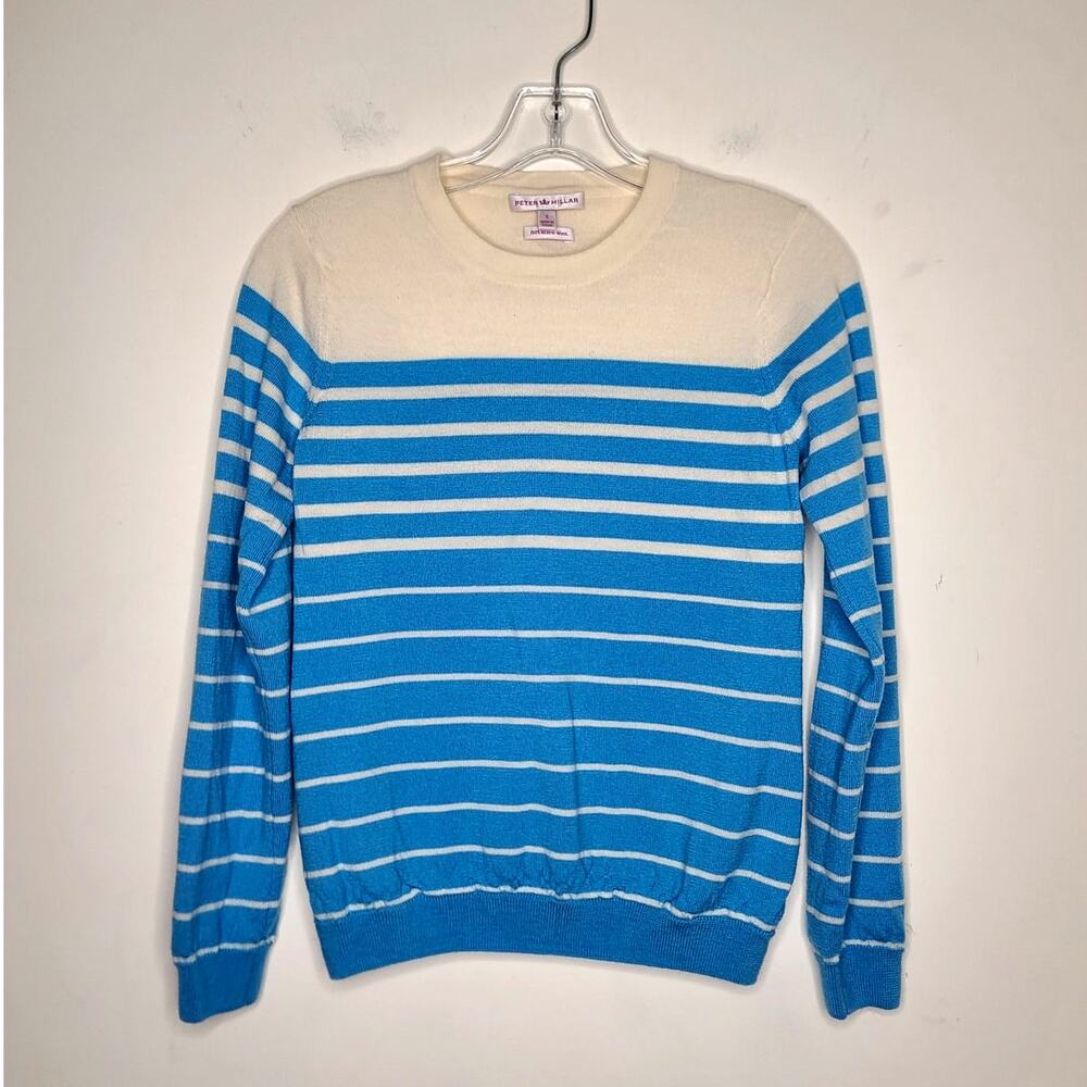 Peter Millar blue cream striped long sleeve merino wool sweater - small